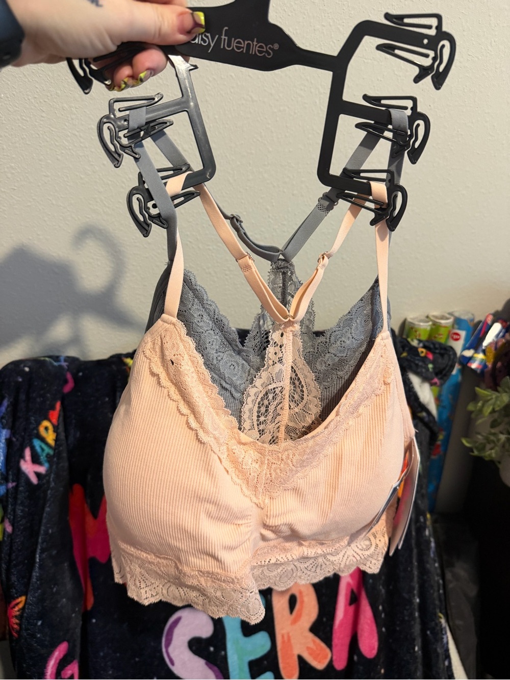 Daisy Fuentes Peach Blush & Gray Lace Racerback Bralette 2pk